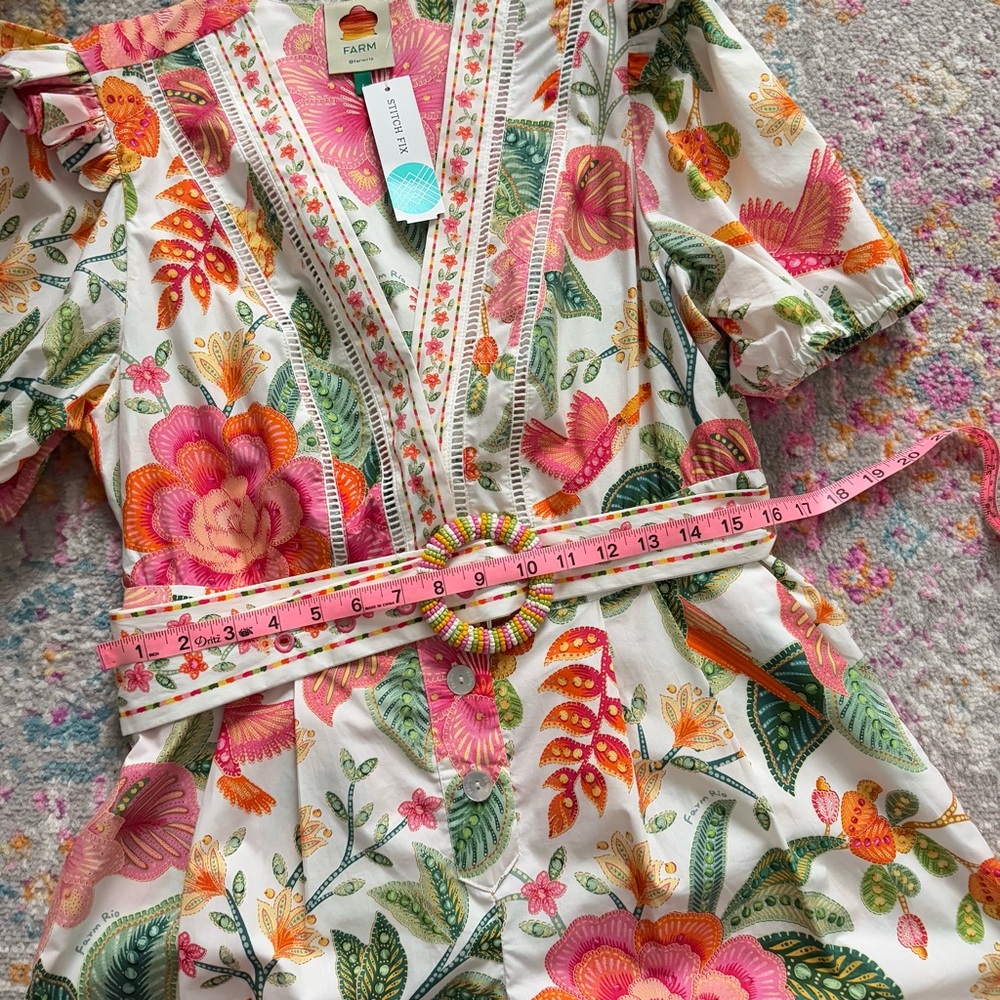 NWT FARM Rio Pink, Green & Orange Tropical Floral Belted Romper - Picture 12 of 15